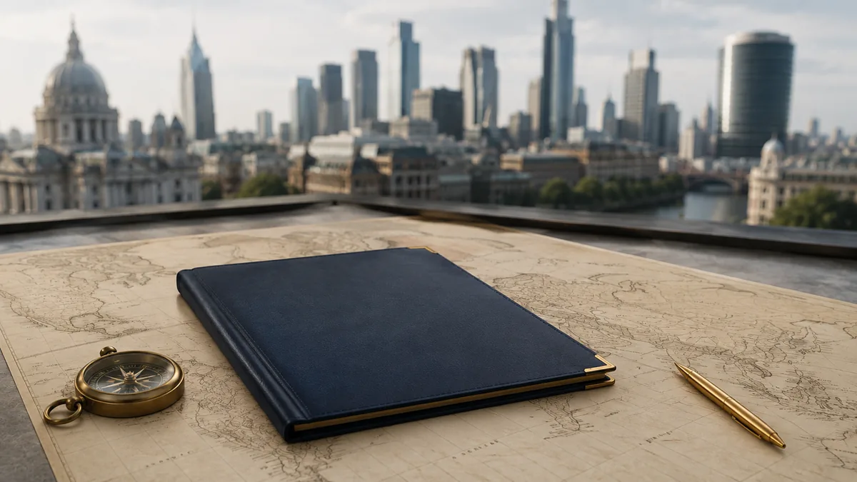 A navy folio, compass and pen on a world map, a city skyline behind
