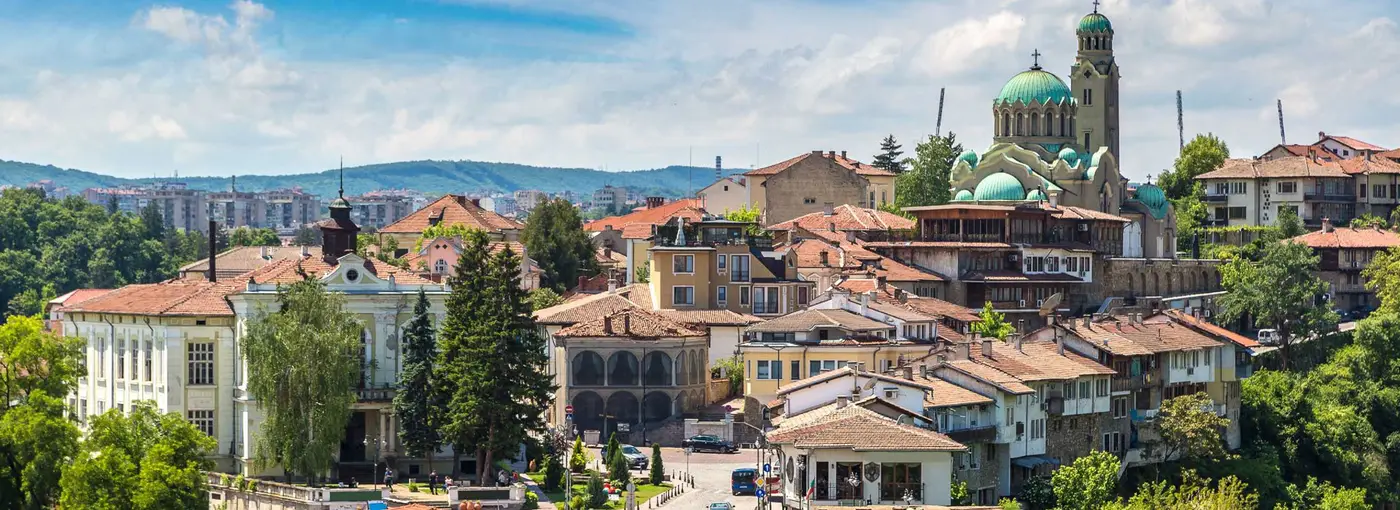 A Bulgarian old town, its cathedral domes above the rooftops