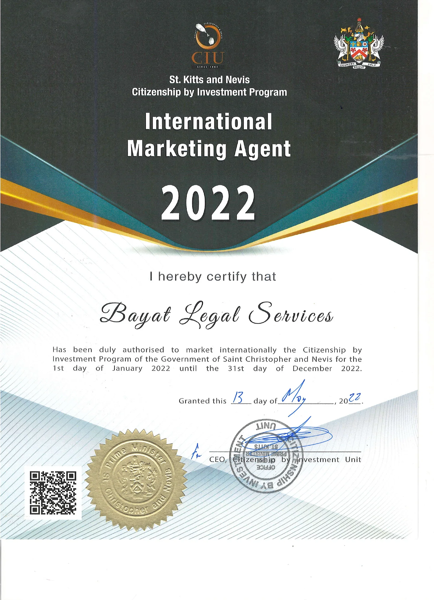 International Marketing Agent certificate for the St. Kitts and Nevis Citizenship by Investment Program, granted to Bayat Legal Services