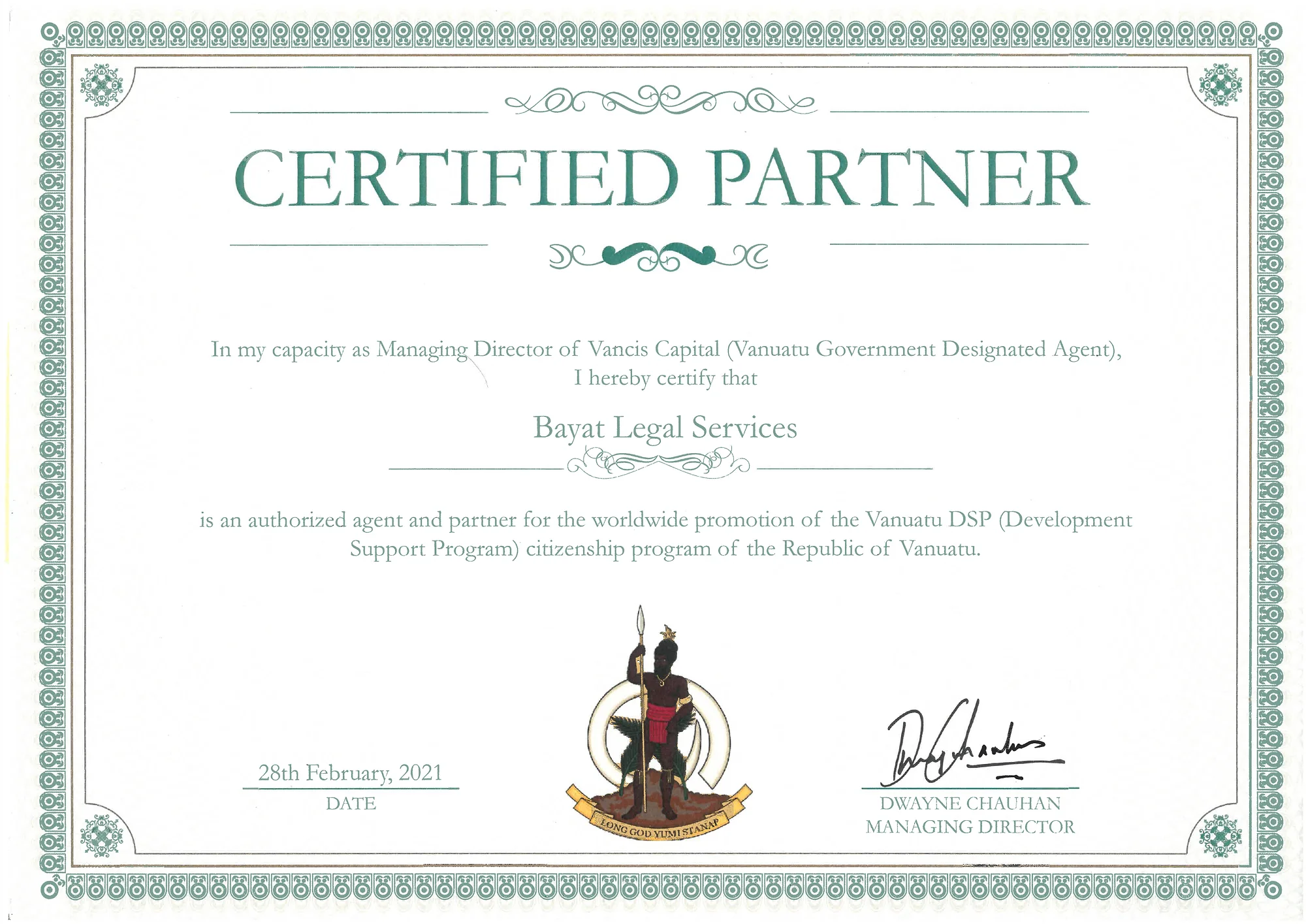Certified Partner certificate from Vancis Capital naming Bayat Legal Services an authorised agent for the Vanuatu Development Support Program